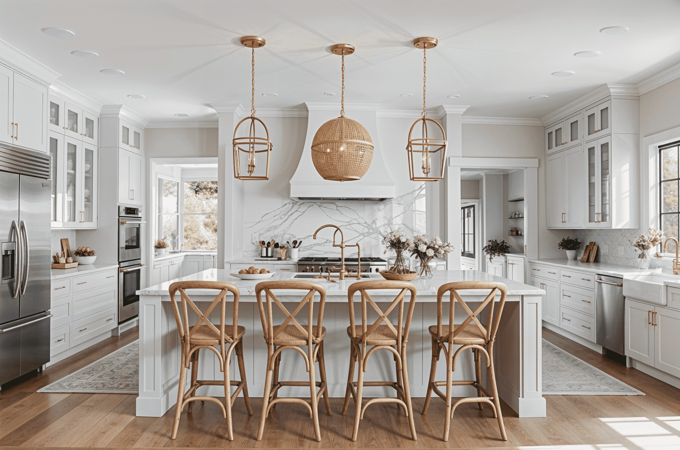 a kitchen with a center island with chairs