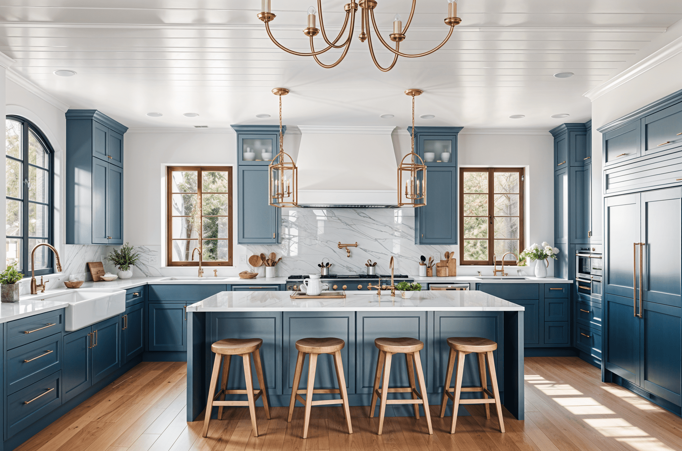 a large kitchen with a center island and bar stools - kitchenGPT