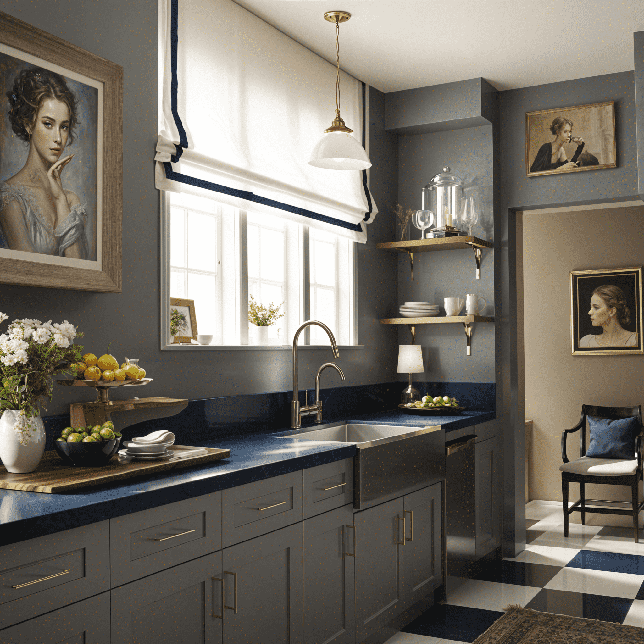 a kitchen with navy blue cabinets and a checkered floor - kitchenGPT